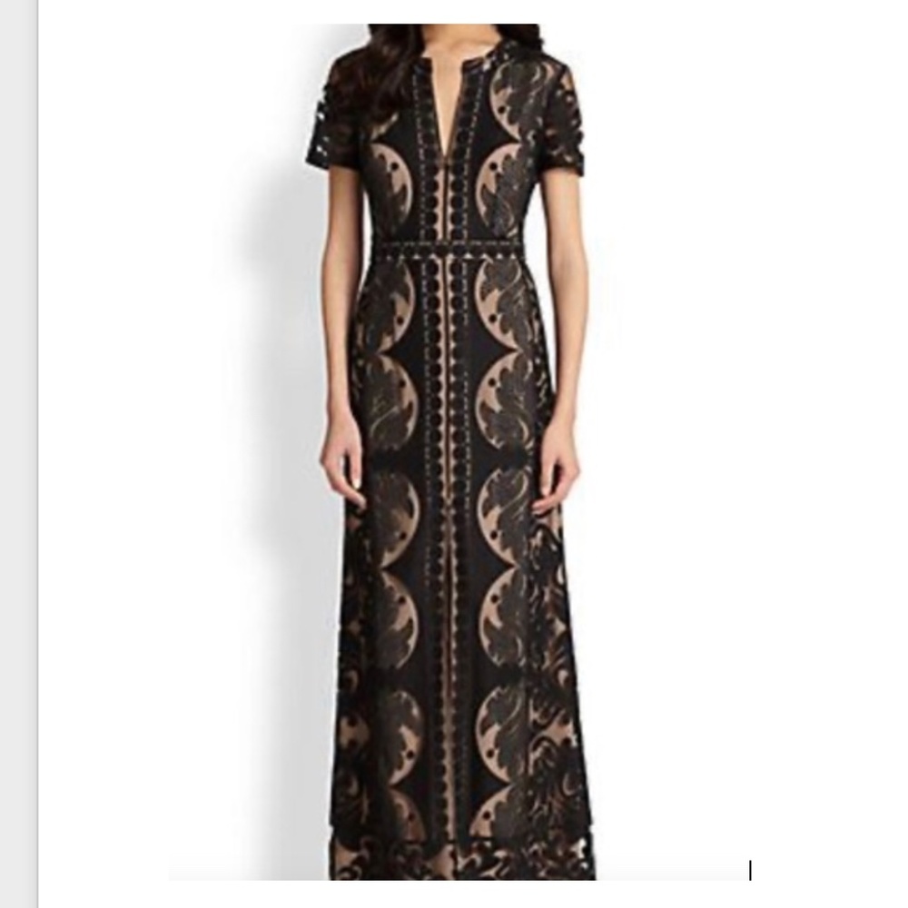 BCBGMaxAzria Black and Nude Lace Overlay Maxi Dress